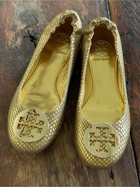 Tory Burch Reva Metallic Gold Snakeskin-Print Logo Ballet Flats Sz 6.5 Leather